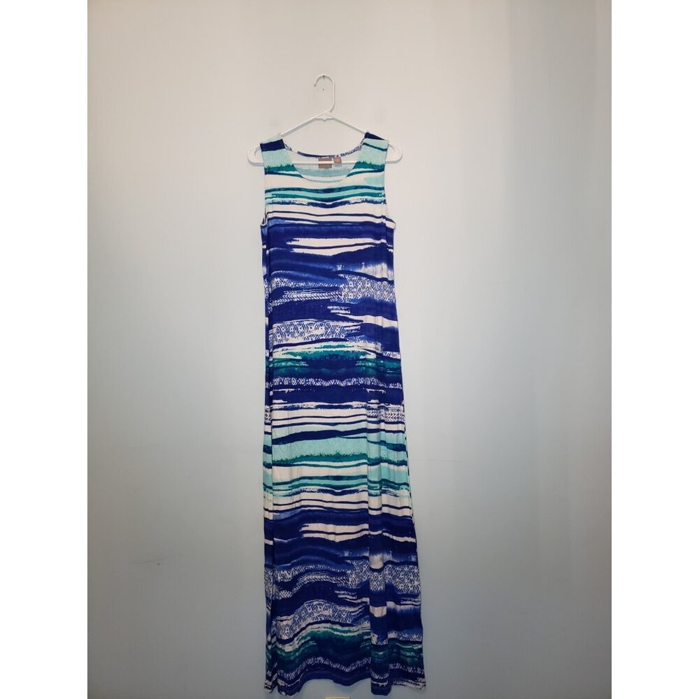 Chicos 1 Women 8 Tank Dress Blue Maxi Stripe Summer Stretch Casual Beach Coastal - Picture 1 of 6